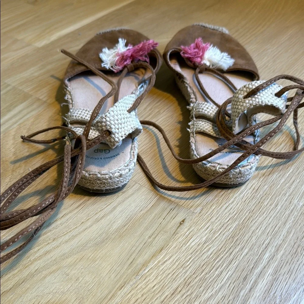 GAP Brown Suede Espadrilles with Pink & Cream Poms